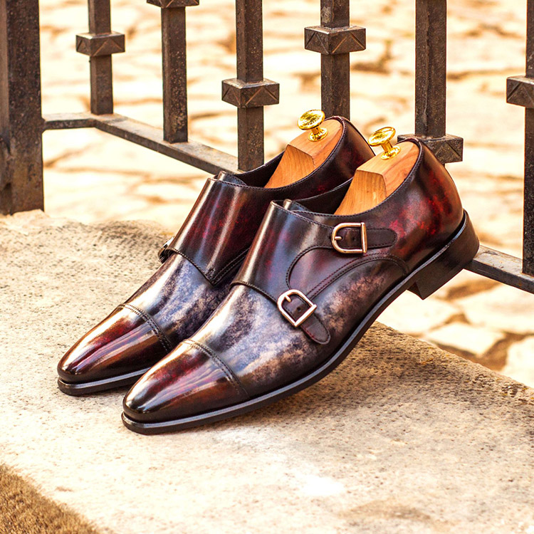 Zapatos de hombre de lujo - Zapato double monkstrap en Burdeos y gris