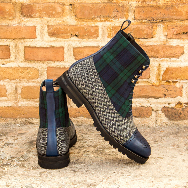 Bota en tartan y tweed con piel azul